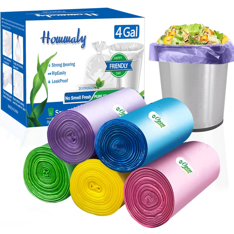 HOMMALY 4 Gallon Small Garbage Bags 250 Counts,Trash Bag Bin Liners, 12-15 Liters Bin Bags Wastebasket Bags for home office kitchen Trash Can,Bathroom,Bedroom 5 Color - Image 1